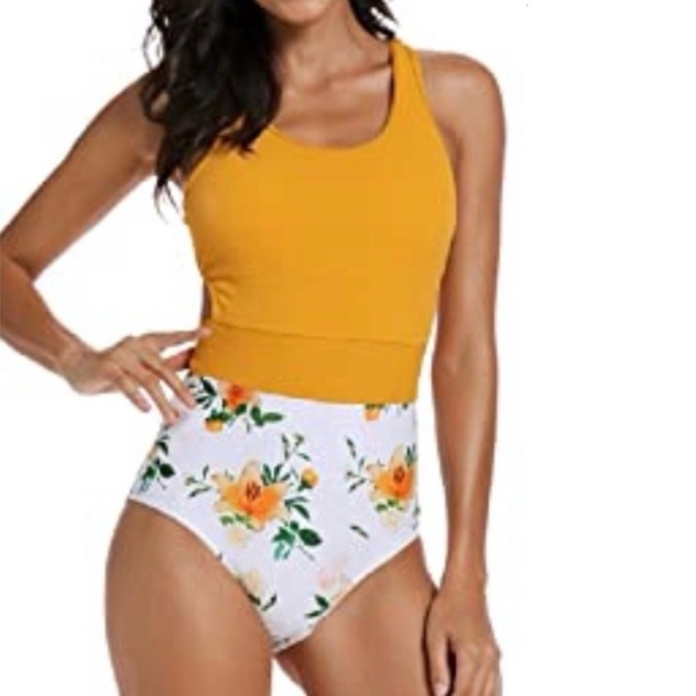 MOLYBELL Monokini High Neck High Waist Textured Racerback Gold Floral Large
